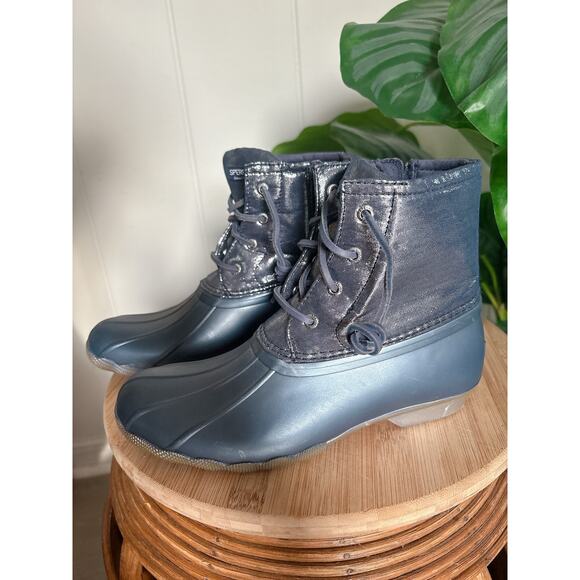 Sperry Blue Metallic Saltwater Duck Boots Girls Size 5 Rain Winter Booties - Picture 3 of 9